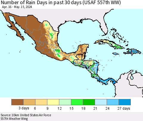 Mexico Central America and the Caribbean Number of Rain Days in past 30 days (USAF 557th WW) 05/15/2024 Thematic Map For 5/11/2024 - 5/15/2024