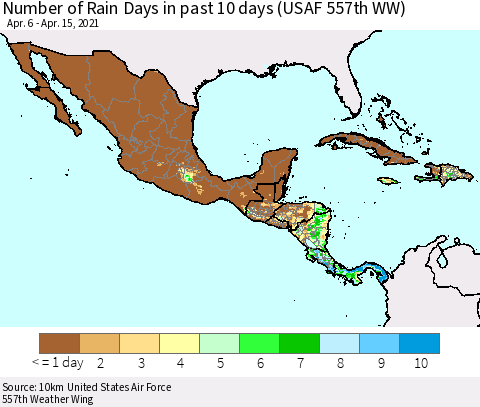 Mexico Central America and the Caribbean Number of Rain Days in past 10 days (USAF 557th WW) Thematic Map For 4/11/2021 - 4/15/2021
