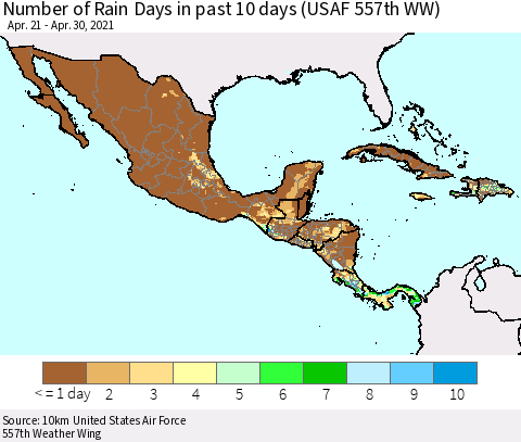 Mexico Central America and the Caribbean Number of Rain Days in past 10 days (USAF 557th WW) Thematic Map For 4/26/2021 - 4/30/2021