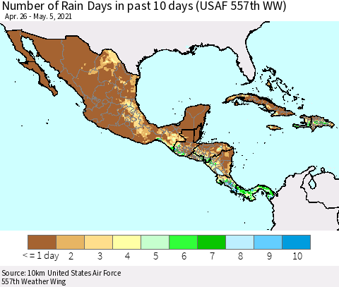 Mexico Central America and the Caribbean Number of Rain Days in past 10 days (USAF 557th WW) Thematic Map For 5/1/2021 - 5/5/2021