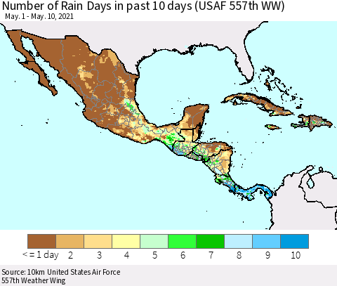 Mexico Central America and the Caribbean Number of Rain Days in past 10 days (USAF 557th WW) Thematic Map For 5/6/2021 - 5/10/2021