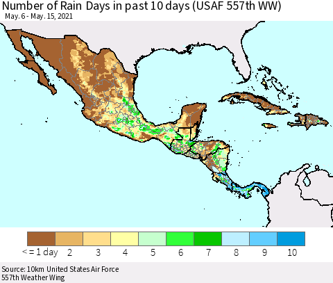 Mexico Central America and the Caribbean Number of Rain Days in past 10 days (USAF 557th WW) Thematic Map For 5/11/2021 - 5/15/2021
