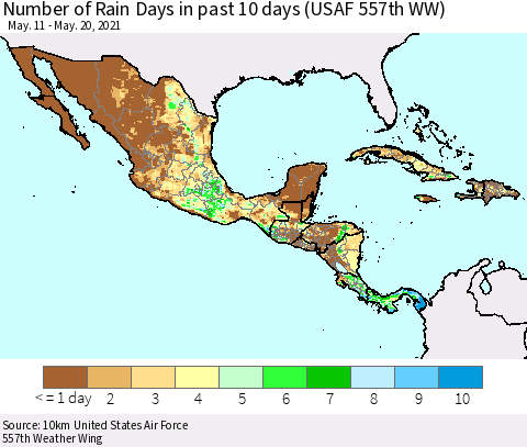 Mexico Central America and the Caribbean Number of Rain Days in past 10 days (USAF 557th WW) Thematic Map For 5/16/2021 - 5/20/2021