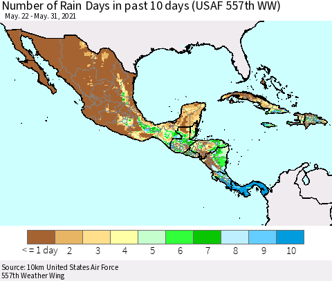 Mexico Central America and the Caribbean Number of Rain Days in past 10 days (USAF 557th WW) Thematic Map For 5/26/2021 - 5/31/2021
