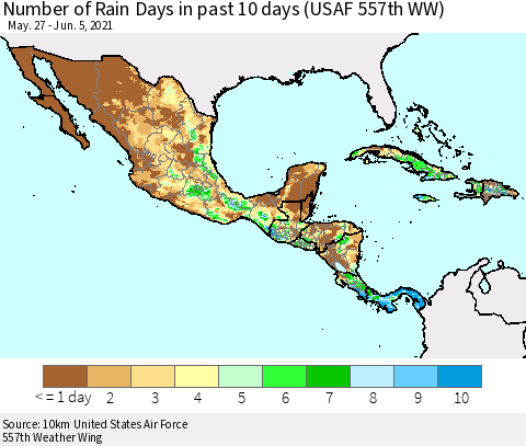 Mexico Central America and the Caribbean Number of Rain Days in past 10 days (USAF 557th WW) Thematic Map For 6/1/2021 - 6/5/2021