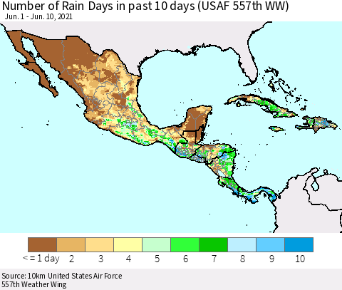 Mexico Central America and the Caribbean Number of Rain Days in past 10 days (USAF 557th WW) Thematic Map For 6/6/2021 - 6/10/2021
