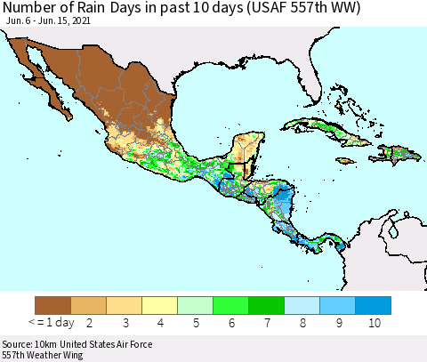 Mexico Central America and the Caribbean Number of Rain Days in past 10 days (USAF 557th WW) Thematic Map For 6/11/2021 - 6/15/2021