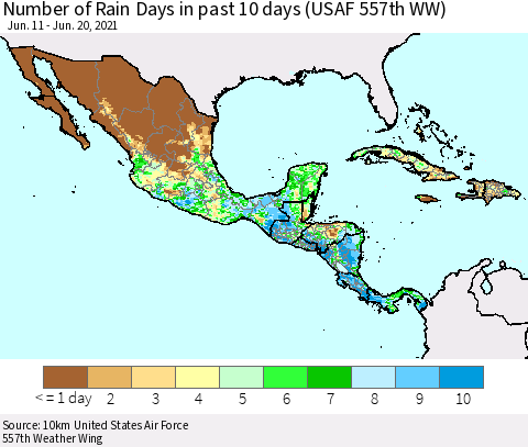Mexico Central America and the Caribbean Number of Rain Days in past 10 days (USAF 557th WW) Thematic Map For 6/16/2021 - 6/20/2021