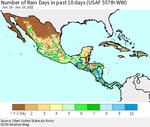 Mexico Central America and the Caribbean Number of Rain Days in past 10 days (USAF 557th WW) Thematic Map For 6/21/2021 - 6/25/2021