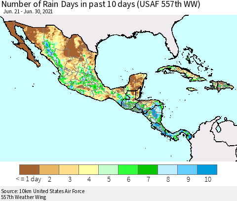 Mexico Central America and the Caribbean Number of Rain Days in past 10 days (USAF 557th WW) Thematic Map For 6/26/2021 - 6/30/2021