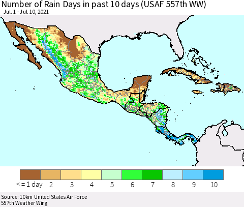Mexico Central America and the Caribbean Number of Rain Days in past 10 days (USAF 557th WW) Thematic Map For 7/6/2021 - 7/10/2021
