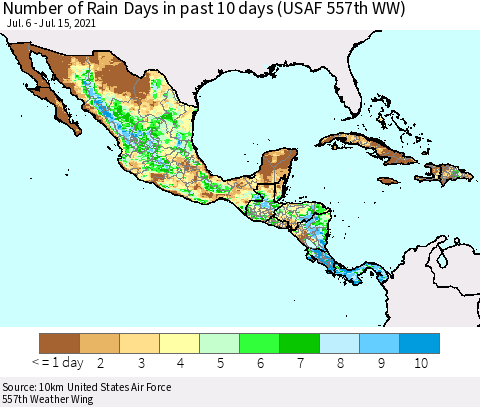 Mexico Central America and the Caribbean Number of Rain Days in past 10 days (USAF 557th WW) Thematic Map For 7/11/2021 - 7/15/2021