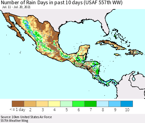 Mexico Central America and the Caribbean Number of Rain Days in past 10 days (USAF 557th WW) Thematic Map For 7/16/2021 - 7/20/2021