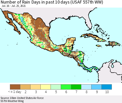 Mexico Central America and the Caribbean Number of Rain Days in past 10 days (USAF 557th WW) Thematic Map For 7/21/2021 - 7/25/2021
