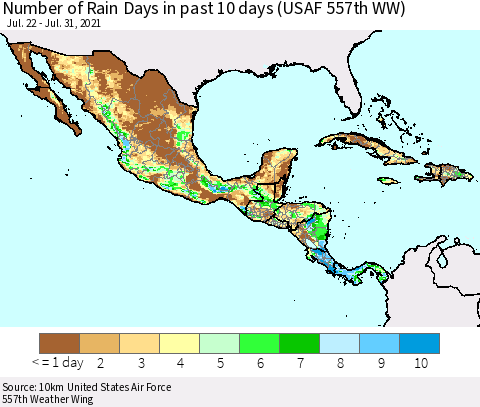 Mexico Central America and the Caribbean Number of Rain Days in past 10 days (USAF 557th WW) Thematic Map For 7/26/2021 - 7/31/2021