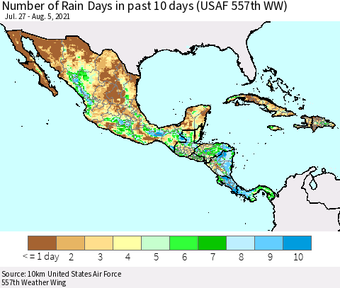 Mexico Central America and the Caribbean Number of Rain Days in past 10 days (USAF 557th WW) Thematic Map For 8/1/2021 - 8/5/2021