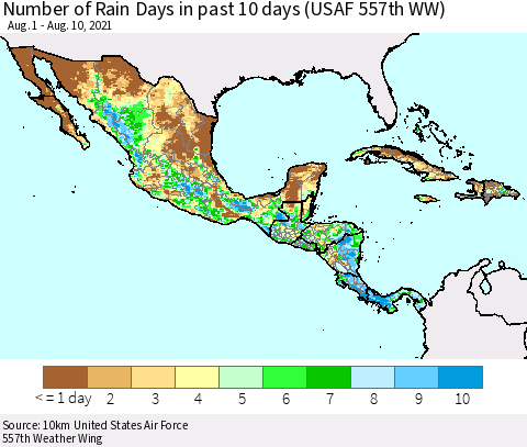 Mexico Central America and the Caribbean Number of Rain Days in past 10 days (USAF 557th WW) Thematic Map For 8/6/2021 - 8/10/2021