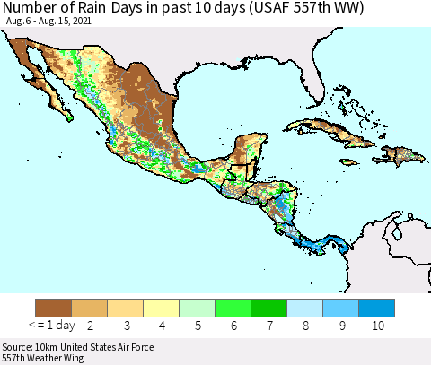 Mexico Central America and the Caribbean Number of Rain Days in past 10 days (USAF 557th WW) Thematic Map For 8/11/2021 - 8/15/2021
