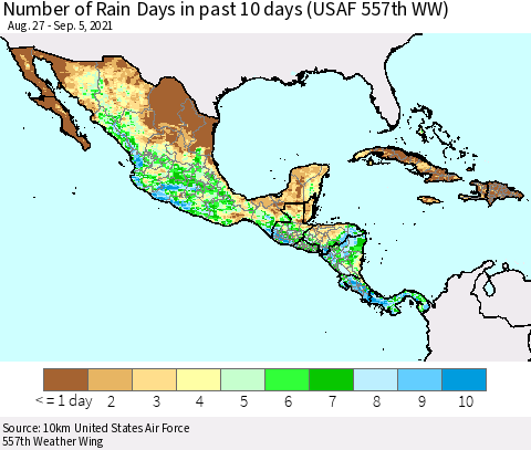Mexico Central America and the Caribbean Number of Rain Days in past 10 days (USAF 557th WW) Thematic Map For 9/1/2021 - 9/5/2021