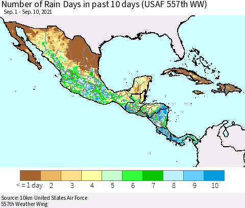 Mexico Central America and the Caribbean Number of Rain Days in past 10 days (USAF 557th WW) Thematic Map For 9/6/2021 - 9/10/2021