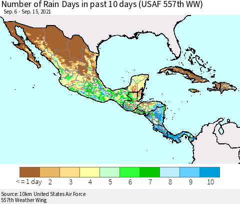 Mexico Central America and the Caribbean Number of Rain Days in past 10 days (USAF 557th WW) Thematic Map For 9/11/2021 - 9/15/2021