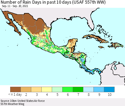 Mexico Central America and the Caribbean Number of Rain Days in past 10 days (USAF 557th WW) Thematic Map For 9/16/2021 - 9/20/2021