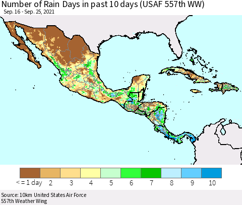 Mexico Central America and the Caribbean Number of Rain Days in past 10 days (USAF 557th WW) Thematic Map For 9/21/2021 - 9/25/2021
