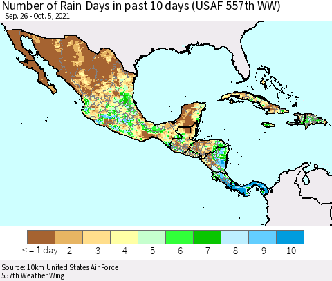 Mexico Central America and the Caribbean Number of Rain Days in past 10 days (USAF 557th WW) Thematic Map For 10/1/2021 - 10/5/2021