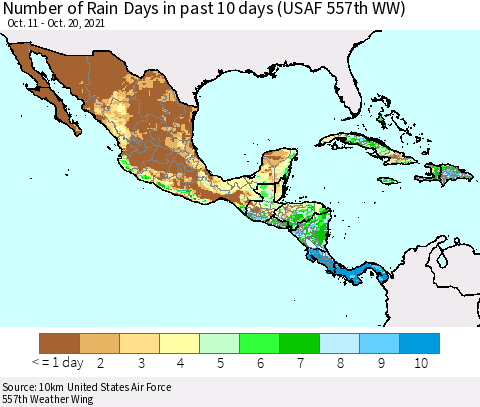 Mexico Central America and the Caribbean Number of Rain Days in past 10 days (USAF 557th WW) Thematic Map For 10/16/2021 - 10/20/2021