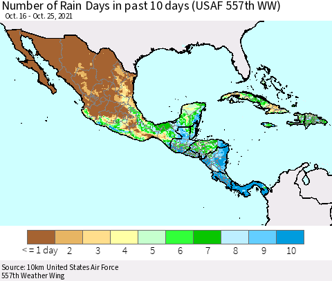 Mexico Central America and the Caribbean Number of Rain Days in past 10 days (USAF 557th WW) Thematic Map For 10/21/2021 - 10/25/2021
