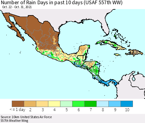 Mexico Central America and the Caribbean Number of Rain Days in past 10 days (USAF 557th WW) Thematic Map For 10/26/2021 - 10/31/2021