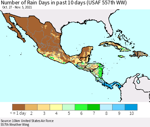 Mexico Central America and the Caribbean Number of Rain Days in past 10 days (USAF 557th WW) Thematic Map For 11/1/2021 - 11/5/2021