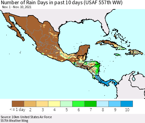 Mexico Central America and the Caribbean Number of Rain Days in past 10 days (USAF 557th WW) Thematic Map For 11/6/2021 - 11/10/2021
