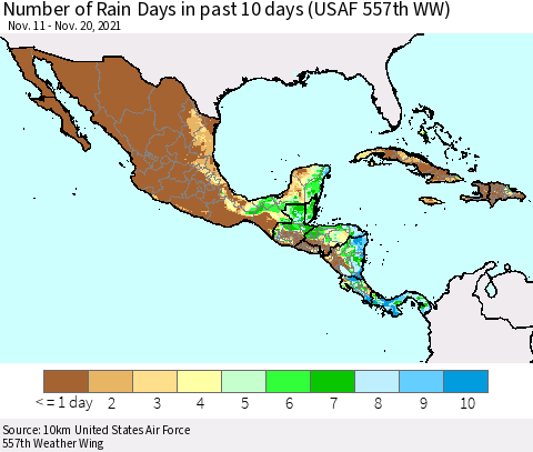 Mexico Central America and the Caribbean Number of Rain Days in past 10 days (USAF 557th WW) Thematic Map For 11/16/2021 - 11/20/2021