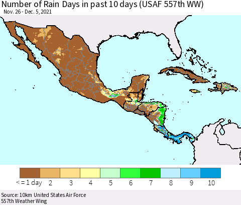 Mexico Central America and the Caribbean Number of Rain Days in past 10 days (USAF 557th WW) Thematic Map For 12/1/2021 - 12/5/2021