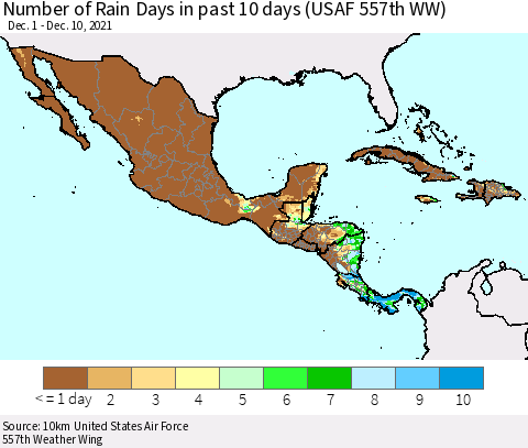 Mexico Central America and the Caribbean Number of Rain Days in past 10 days (USAF 557th WW) Thematic Map For 12/6/2021 - 12/10/2021