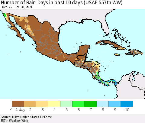 Mexico Central America and the Caribbean Number of Rain Days in past 10 days (USAF 557th WW) Thematic Map For 12/26/2021 - 12/31/2021