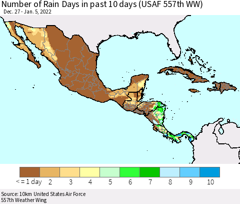 Mexico Central America and the Caribbean Number of Rain Days in past 10 days (USAF 557th WW) Thematic Map For 1/1/2022 - 1/5/2022