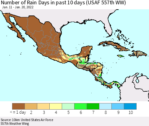 Mexico Central America and the Caribbean Number of Rain Days in past 10 days (USAF 557th WW) Thematic Map For 1/16/2022 - 1/20/2022