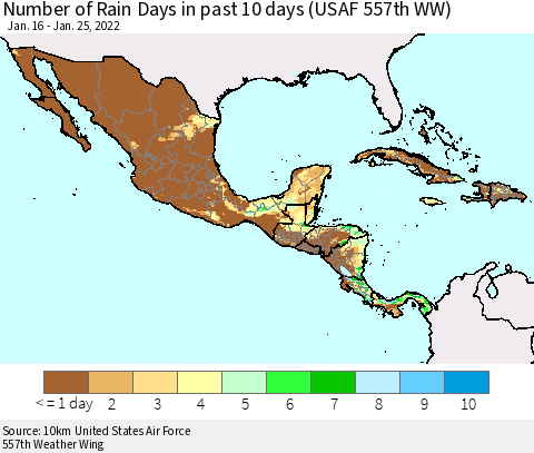 Mexico Central America and the Caribbean Number of Rain Days in past 10 days (USAF 557th WW) Thematic Map For 1/21/2022 - 1/25/2022