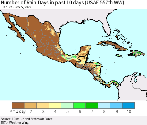 Mexico Central America and the Caribbean Number of Rain Days in past 10 days (USAF 557th WW) Thematic Map For 2/1/2022 - 2/5/2022