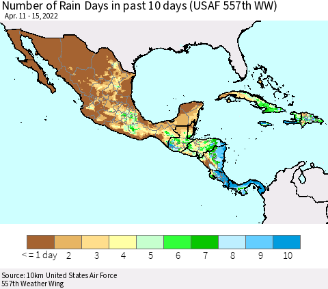 Mexico Central America and the Caribbean Number of Rain Days in past 10 days (USAF 557th WW) Thematic Map For 4/11/2022 - 4/15/2022