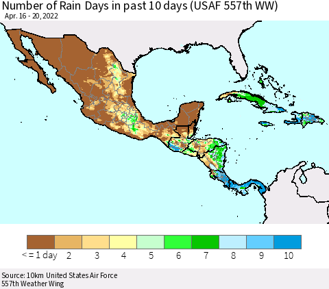 Mexico Central America and the Caribbean Number of Rain Days in past 10 days (USAF 557th WW) Thematic Map For 4/16/2022 - 4/20/2022