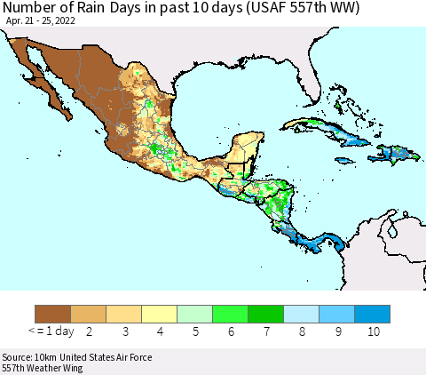 Mexico Central America and the Caribbean Number of Rain Days in past 10 days (USAF 557th WW) Thematic Map For 4/21/2022 - 4/25/2022