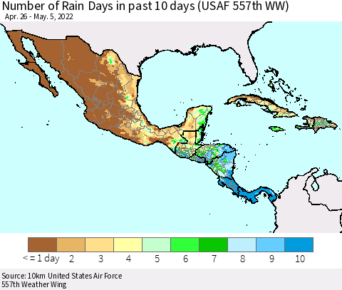 Mexico Central America and the Caribbean Number of Rain Days in past 10 days (USAF 557th WW) Thematic Map For 5/1/2022 - 5/5/2022