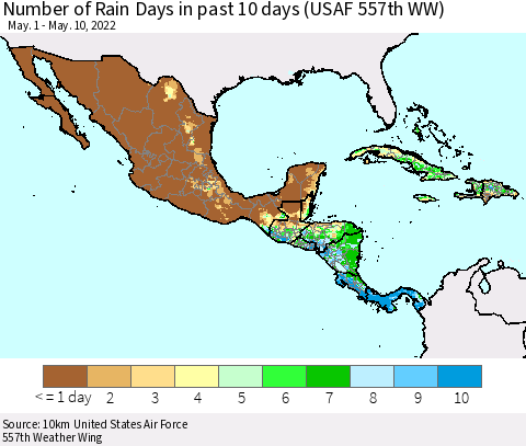 Mexico Central America and the Caribbean Number of Rain Days in past 10 days (USAF 557th WW) Thematic Map For 5/6/2022 - 5/10/2022