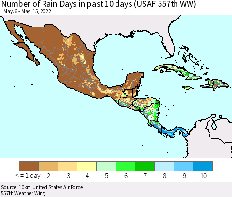 Mexico Central America and the Caribbean Number of Rain Days in past 10 days (USAF 557th WW) Thematic Map For 5/11/2022 - 5/15/2022