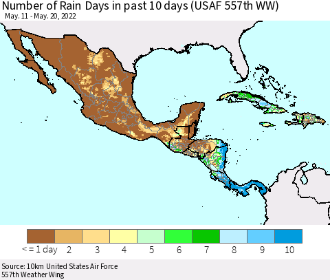 Mexico Central America and the Caribbean Number of Rain Days in past 10 days (USAF 557th WW) Thematic Map For 5/16/2022 - 5/20/2022