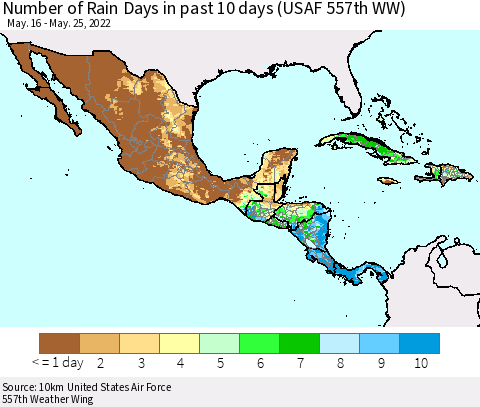 Mexico Central America and the Caribbean Number of Rain Days in past 10 days (USAF 557th WW) Thematic Map For 5/21/2022 - 5/25/2022