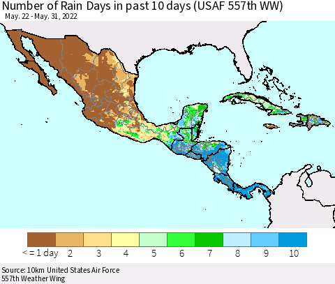Mexico Central America and the Caribbean Number of Rain Days in past 10 days (USAF 557th WW) Thematic Map For 5/26/2022 - 5/31/2022
